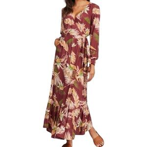 Roxy Wrap Tropical Maxi Dress in Burgundy Size Large